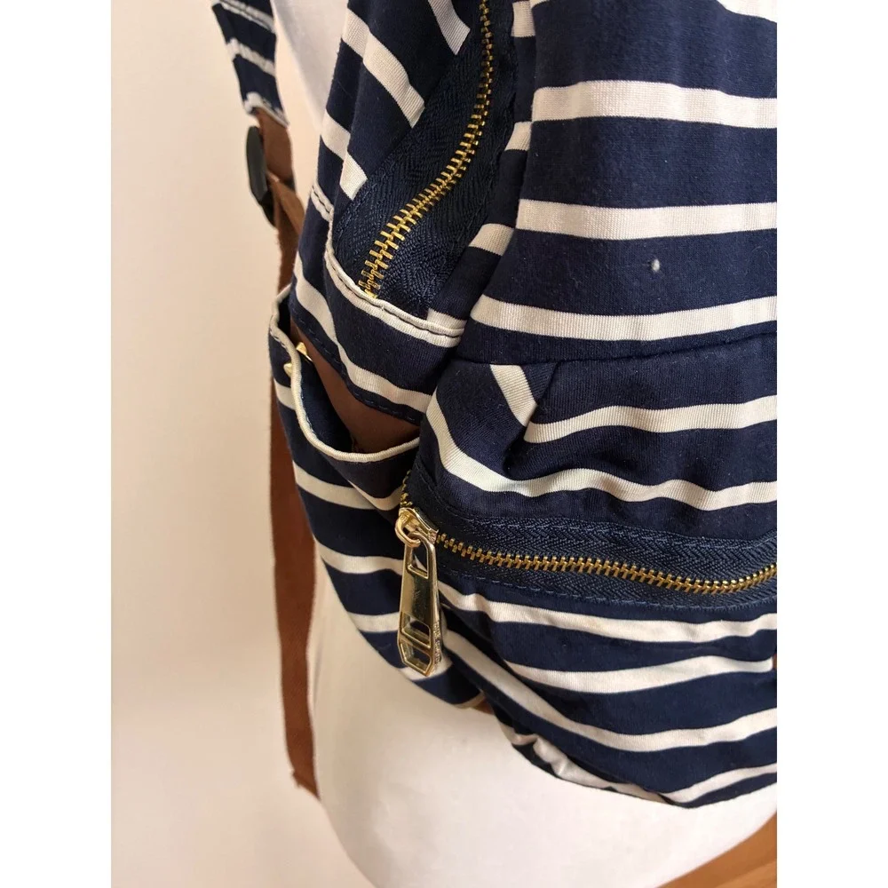 Madden Girl Striped Canvas Backpack Navy White Gold Zip School Travel Bag